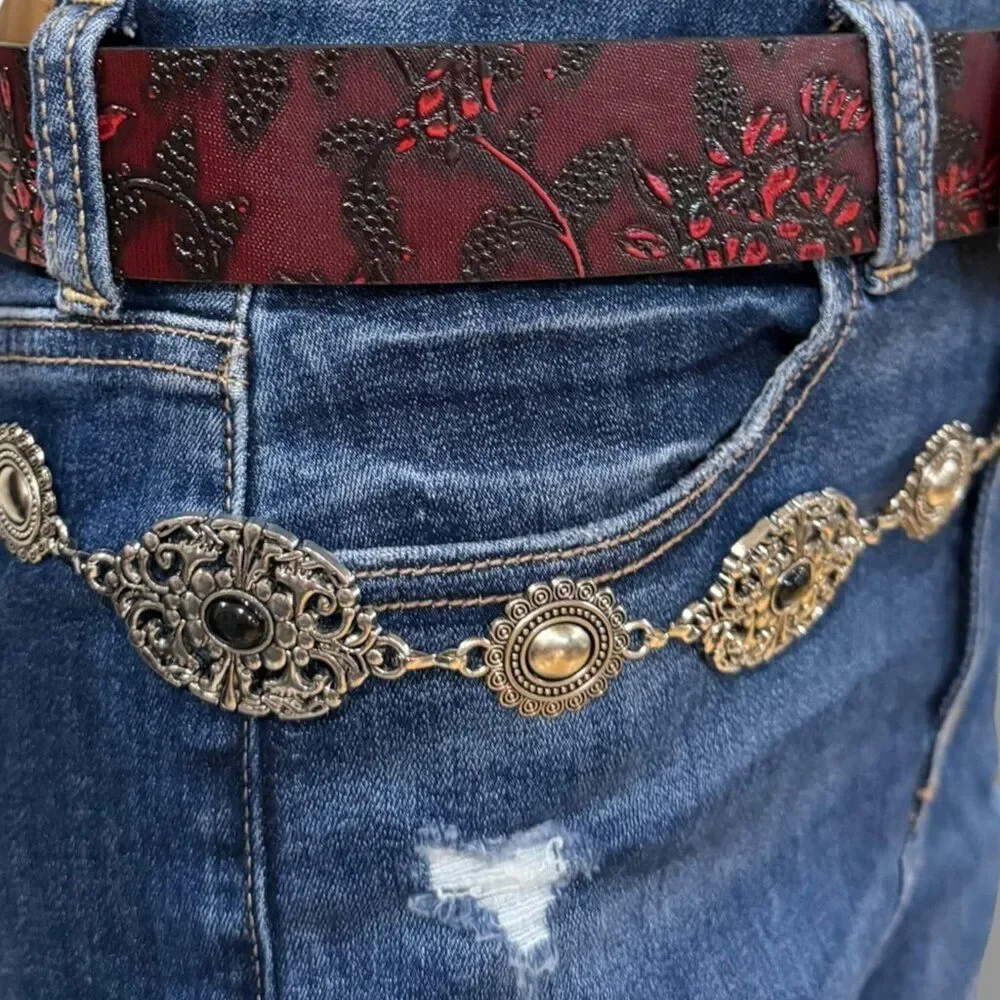 Western Goth Red Embossed Belt Ornate Silver Cross Buckle NWT